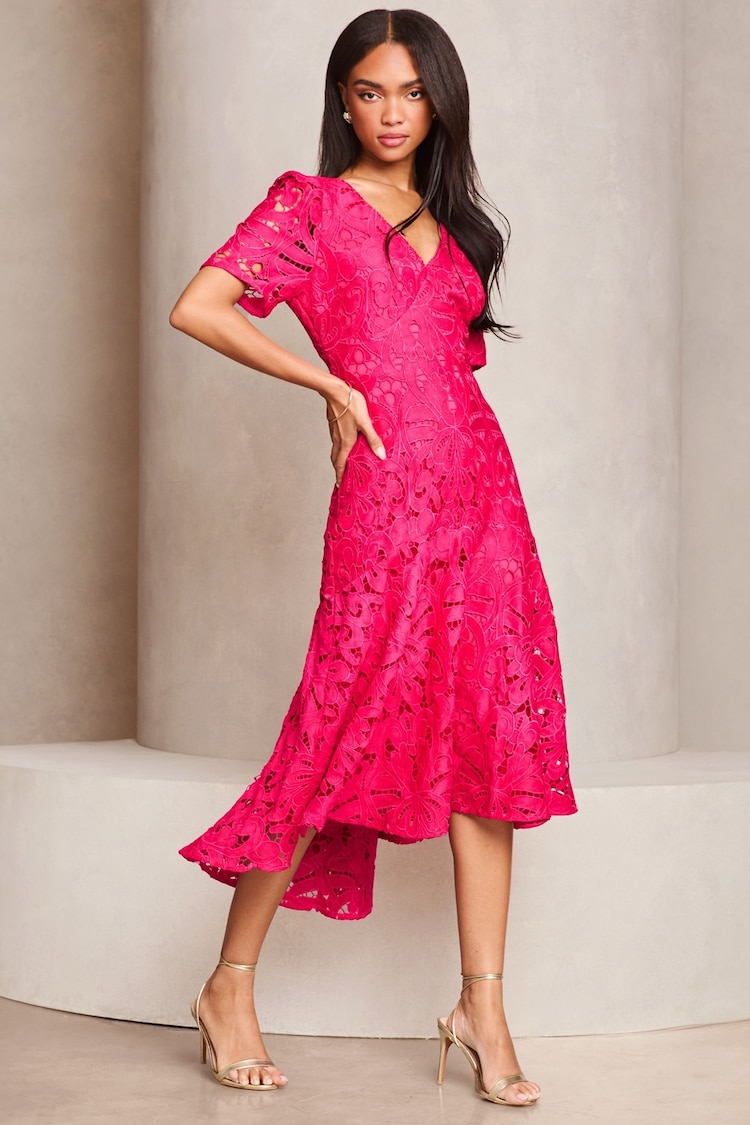 Lipsy Pink Petite Premium Broderie Lace Short Sleeve V-Neck High Low Midi Dress - Image 1 of 1