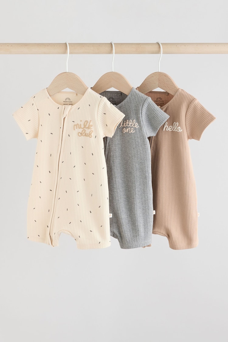 Neutral/Tan 3 Pack Two Way Zip Baby 100% Cotton Rompers (0mths-3yrs) - Image 1 of 1