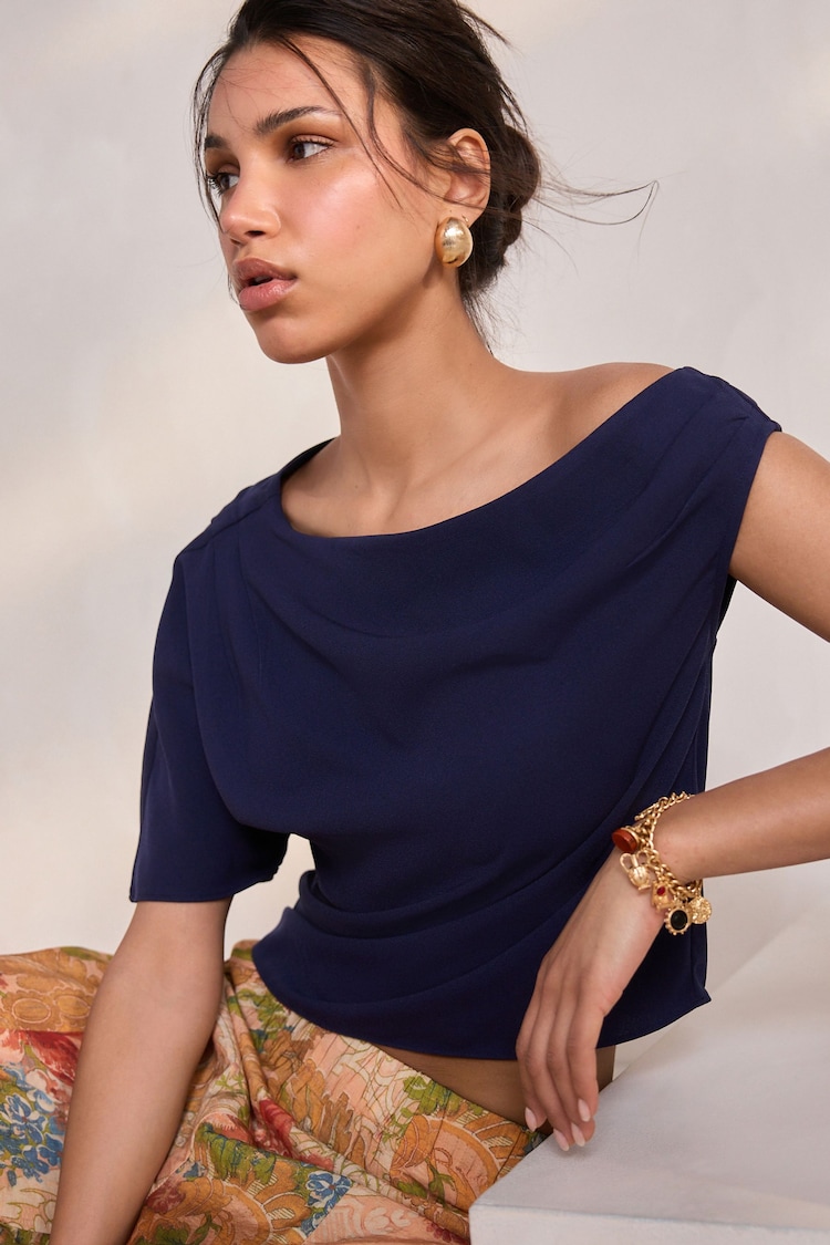 Navy Asymmetric Drape Short Sleeve Top - Image 1 of 1