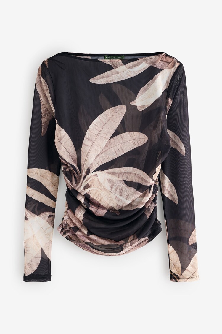 Black Palm Long Sleeve Ruched Side Mesh Top - Image 1 of 1
