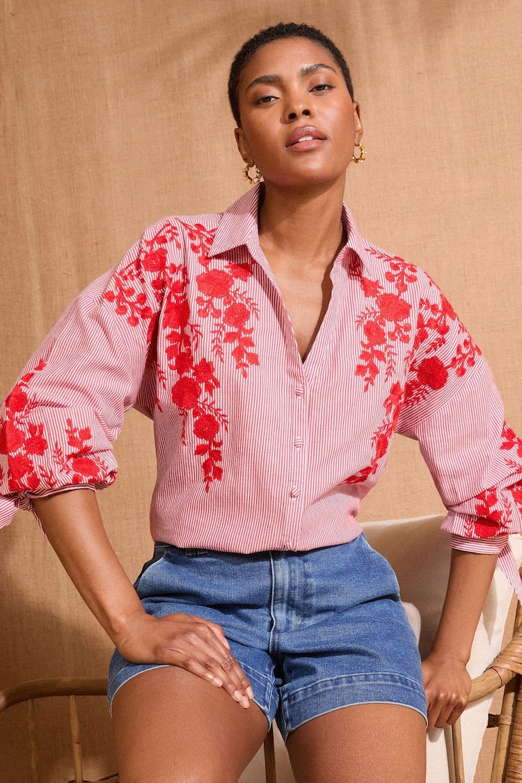 Love & Roses Red Petite Embroidered Stripe Tie Cuff Shirt - Image 1 of 1