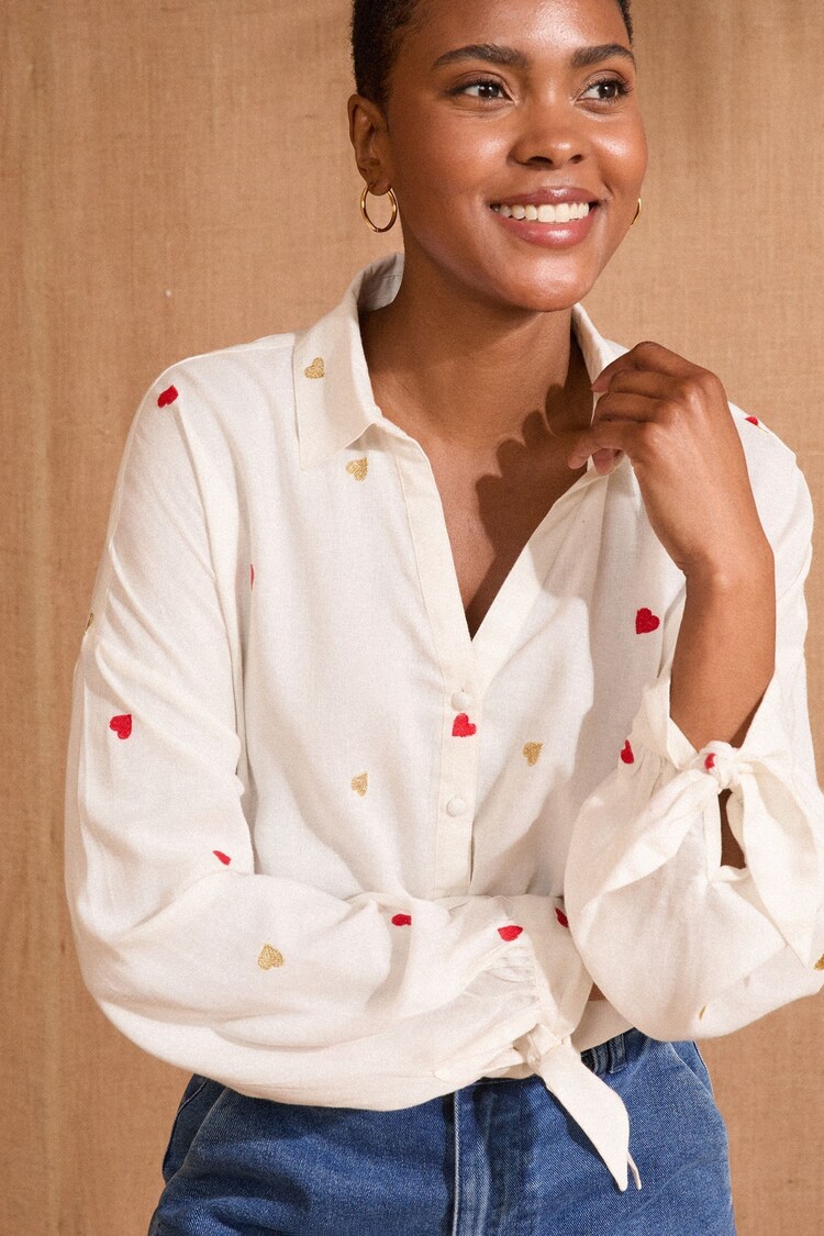 Love & Roses Ivory Heart Embroidered Stripe Tie Cuff Shirt - Image 1 of 1