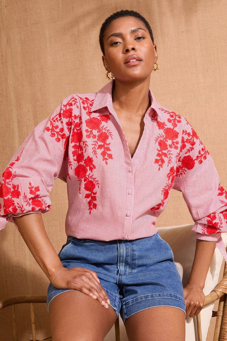 Love & Roses Red Embroidered Stripe Tie Cuff Shirt - Image 1 of 1