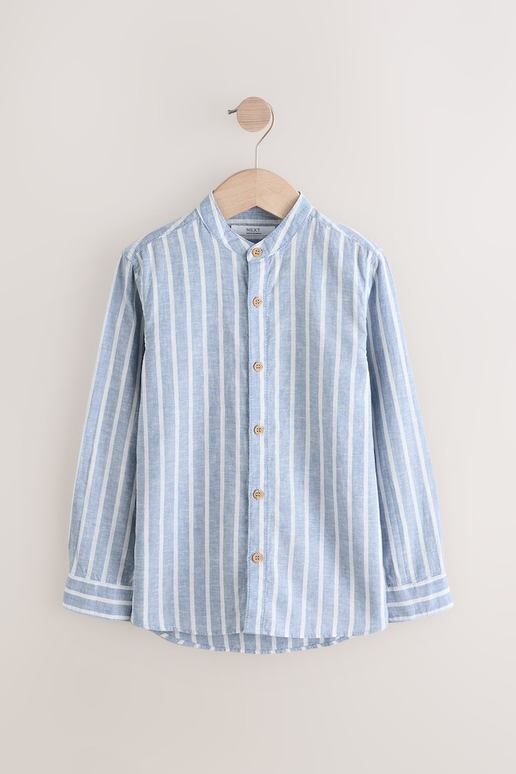 Blue Stripe Grandad Collar Linen Mix Long Sleeve Shirt (3-16yrs) - Image 1 of 1