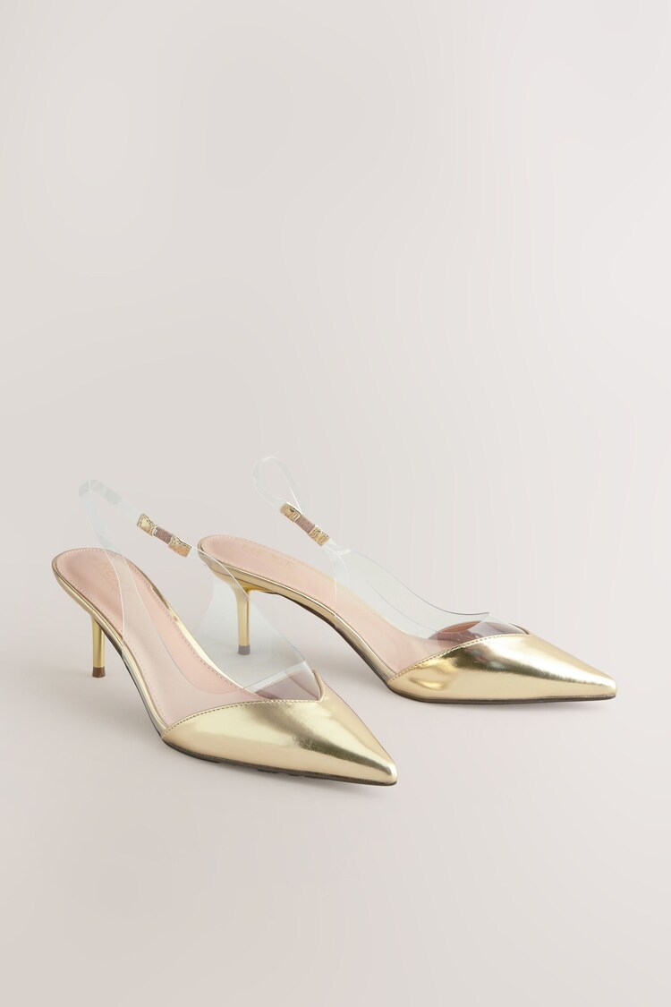 Gold Forever Comfort® Point Toe Detail Vinyl Slingback Heels - Image 1 of 1