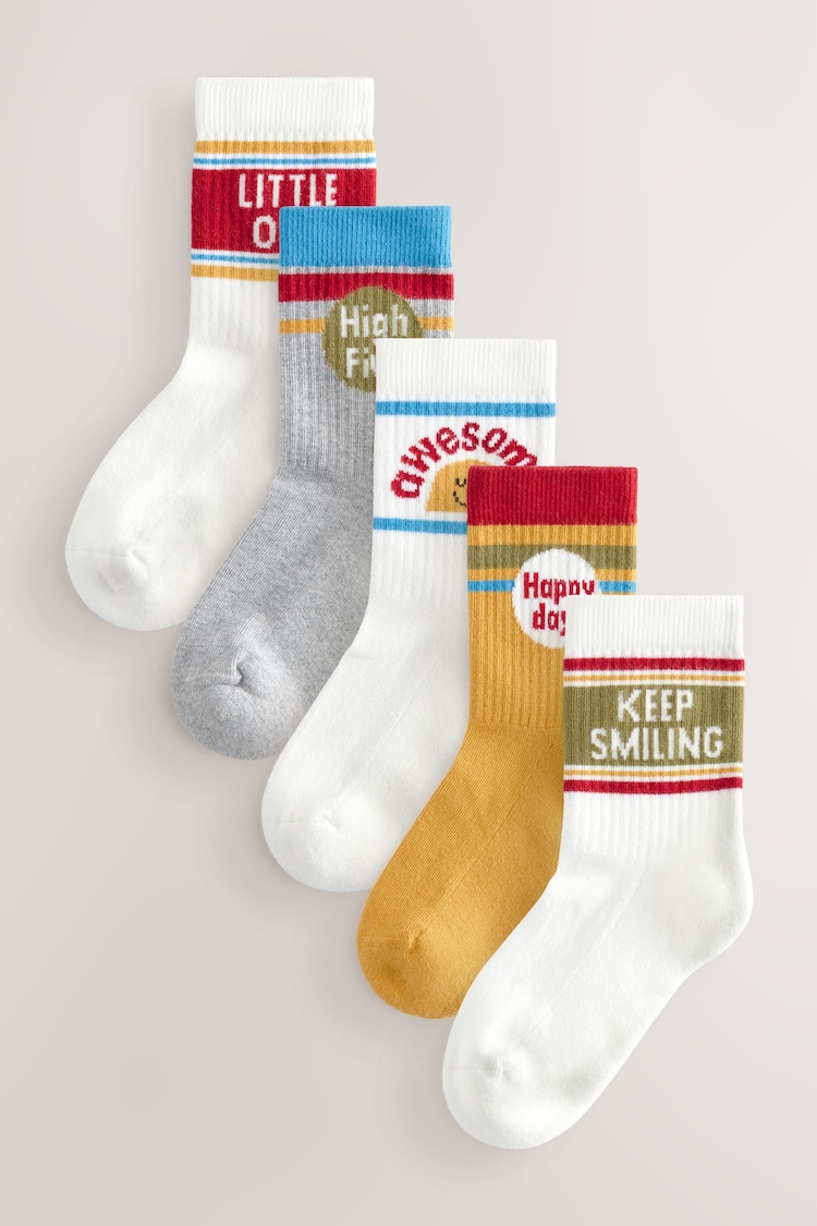 Ecru/Mustard/Red Retro Slogan Print Rich Socks 5 Pack - Image 1 of 1