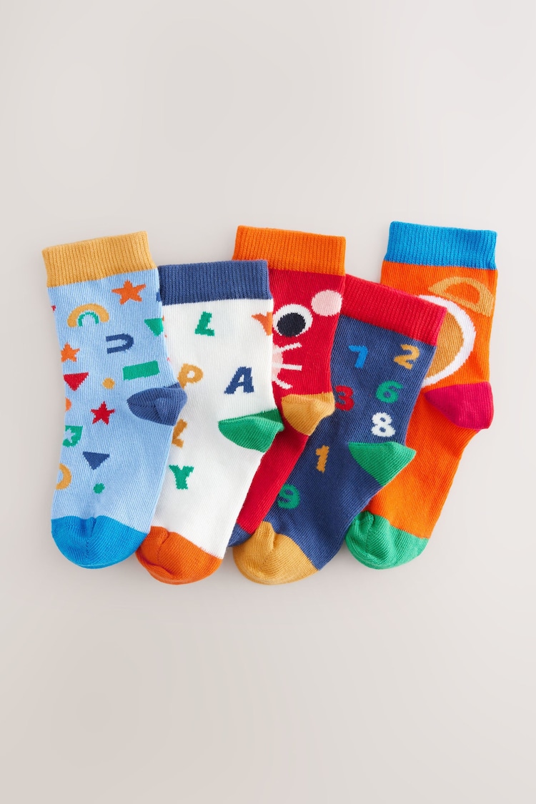 Blue/Ecru/Red Nursery Alphabet Print Rich Socks 5 Pack - Image 1 of 1