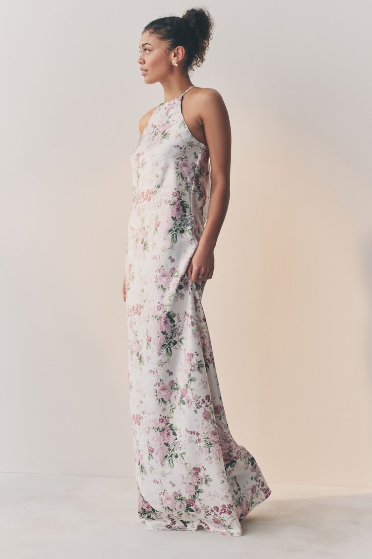 Weiß/Pink/Blumenmuster - Hoch geschlossenes Maxikleid aus Satin - Image 1 of 1