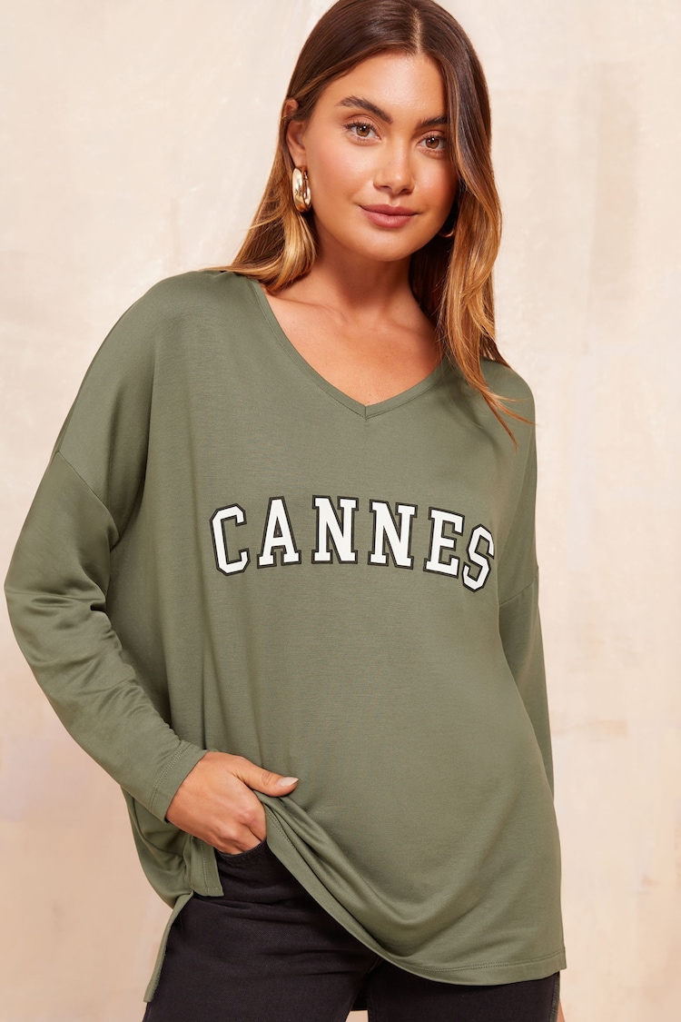 Friends Like These Khaki Graphic Slogan Soft Jersey V-Neck Long Sleeve Tunic Top - Image 1 of 1