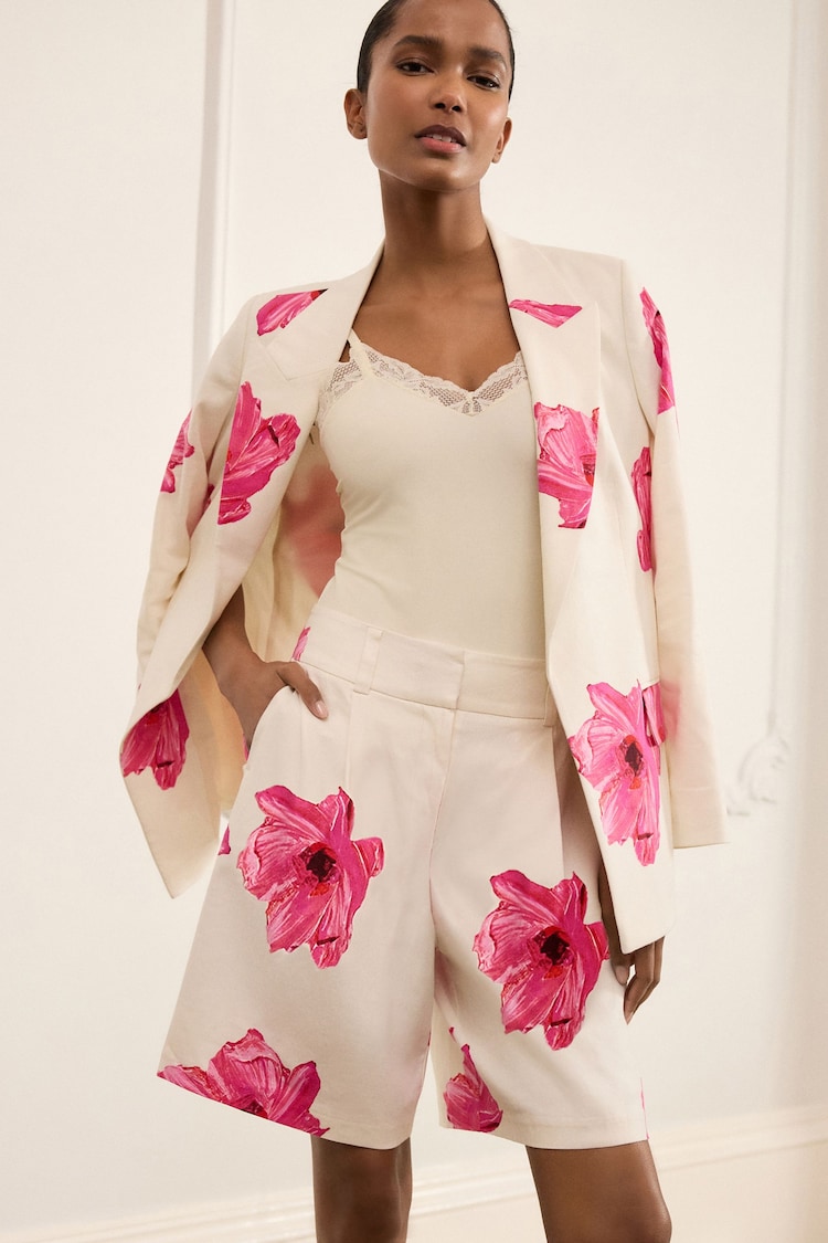 Ecru/Pink Floral Tailored Shorts with Linen - Image 1 of 1