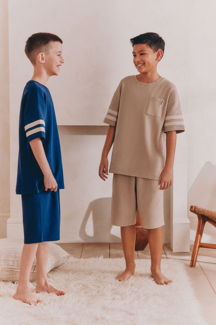 Stone/ Navy Blue 100% Cotton Short Pyjamas 2 Pack (3-16yrs) - Image 1 of 1