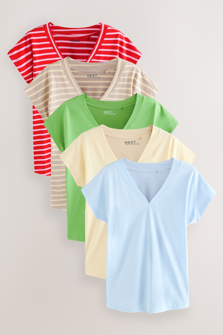 Bontanist Colours V-Neck Cap Sleeve 100% Cotton T-Shirts 5 Pack - Image 1 of 1