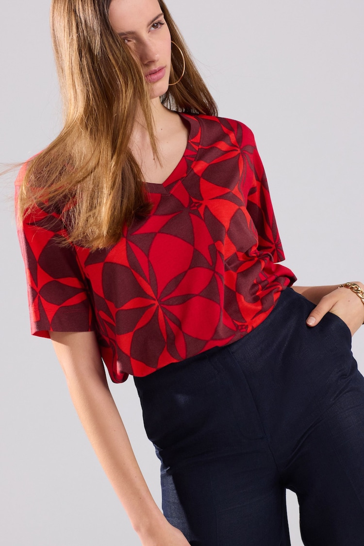 Red/Brown Tile Print Cotton Modal Slouch V-Neck T-Shirt - Image 1 of 1
