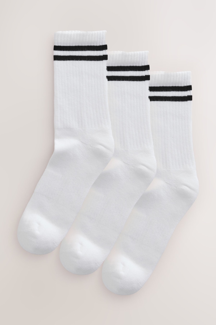 White/Black Stripe Cushion Sole Ribbed Sport Ankle Socks 3 Pack With Arch Support - Image 1 of 1