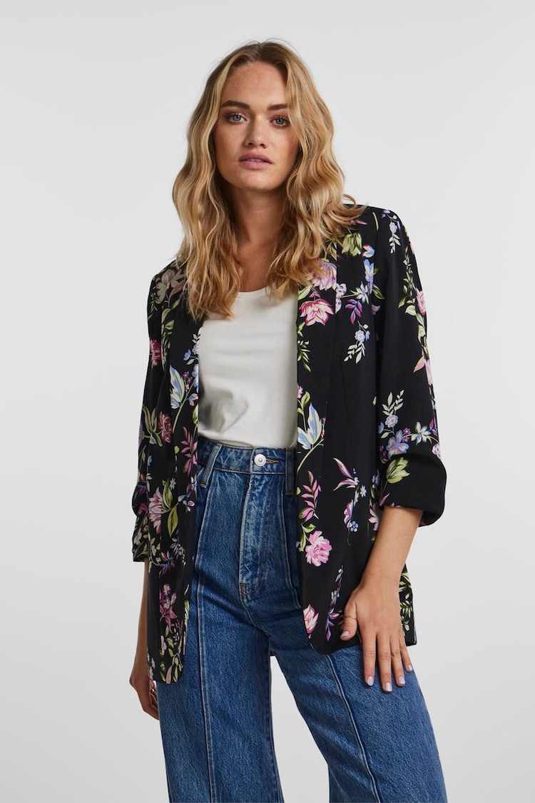 PIECES Black Floral Ruched Sleeve Blazer - Image 1 of 1