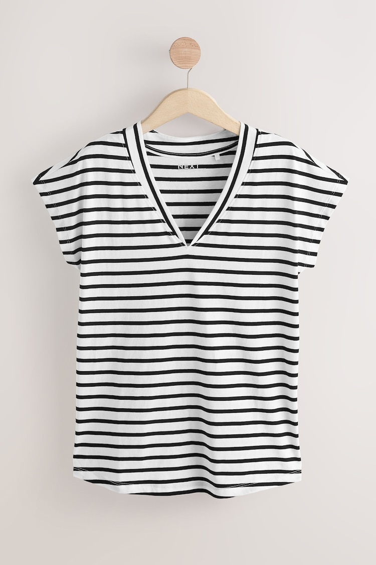 Black/White Monochrome Stripe V-Neck Cap Sleeve T-Shirt - Image 1 of 1
