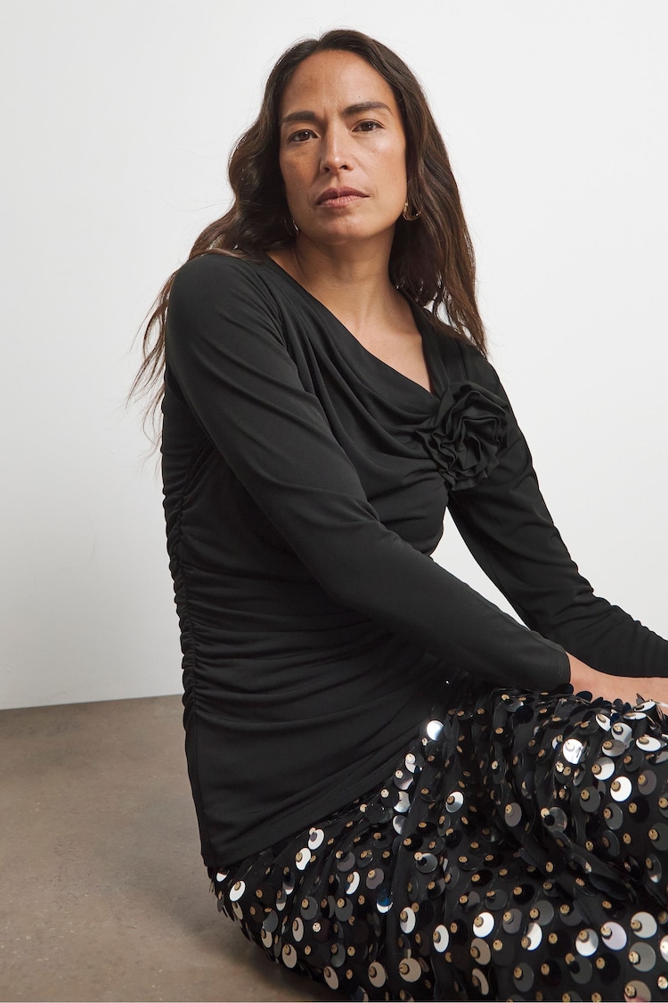 Joanna Hope Ruched Black Top With Bow - Image 1 of 1