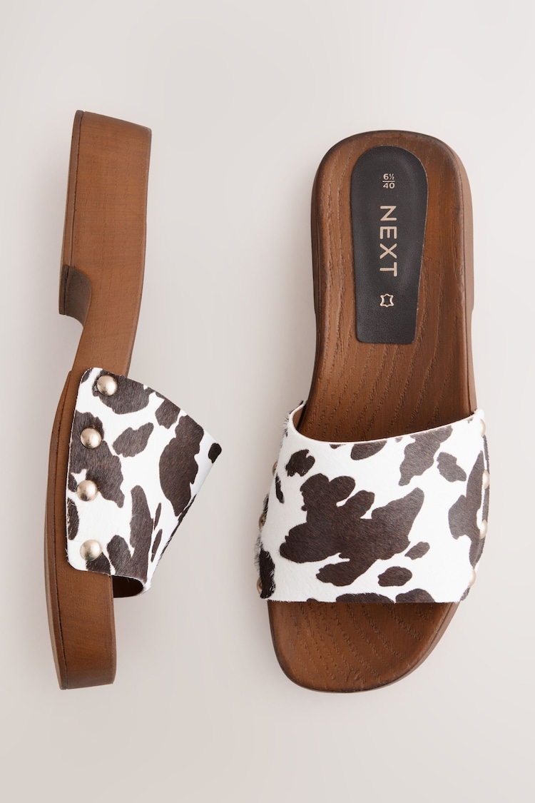 Animal Cow Print Leather Open Toe Studded Clog Mule Sandals - Image 1 of 1