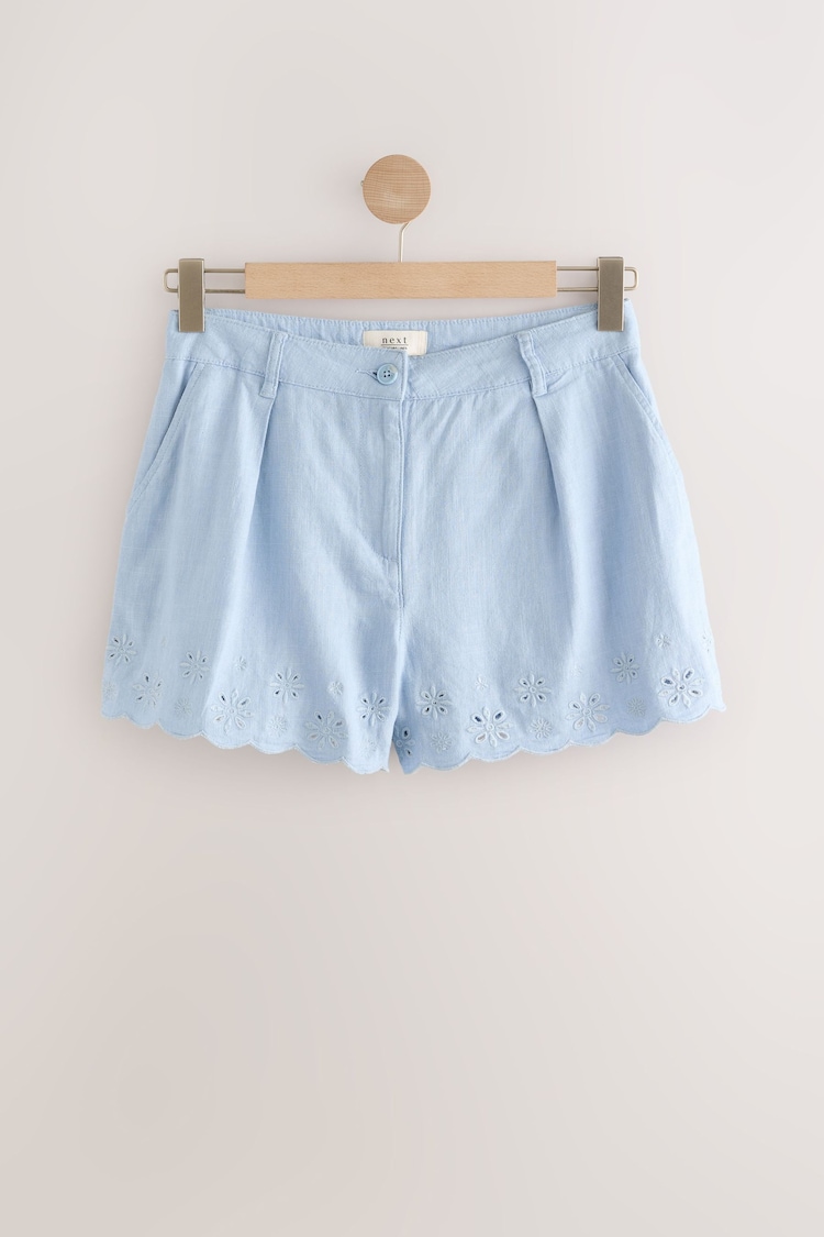 Azul claro - Scalloped Hem Embroidered Linen Rich Shorts - Imagen 1 de 1