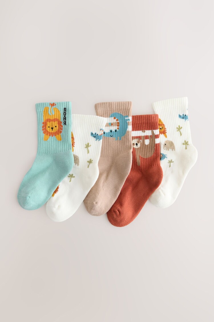 Teal/Brown Safari Animals Print Rich Socks 5 Pack - Image 1 of 1