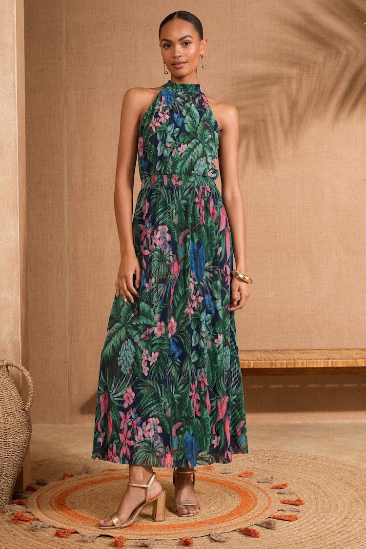 Green Tropical - Love & Roses Mesh Midaxi Halterneck Dress - Image 1 of 1