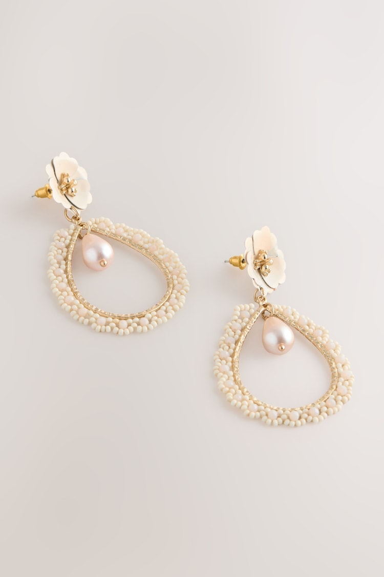 Blanco - Flower Pearl Effect Drop Earrings - Imagen 1 de 1