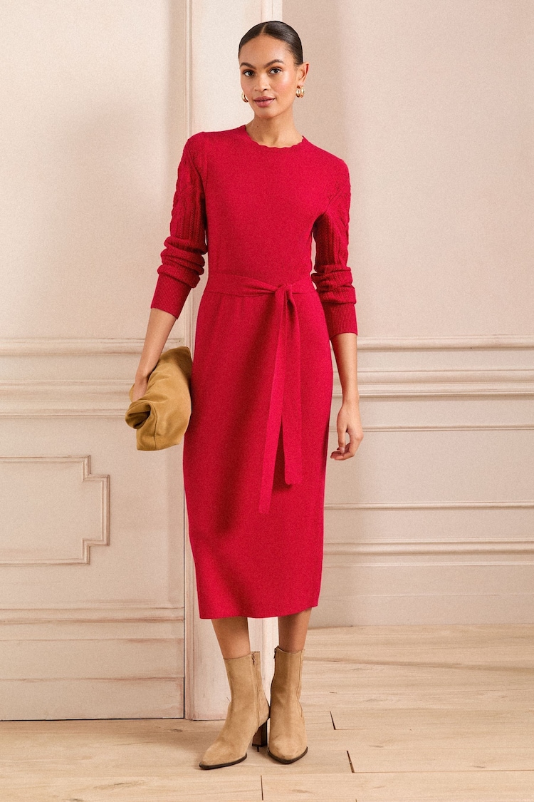 Love & Roses Red Crew Neck Scallop Long Sleeve Knitted Midi Dress - Image 1 of 1