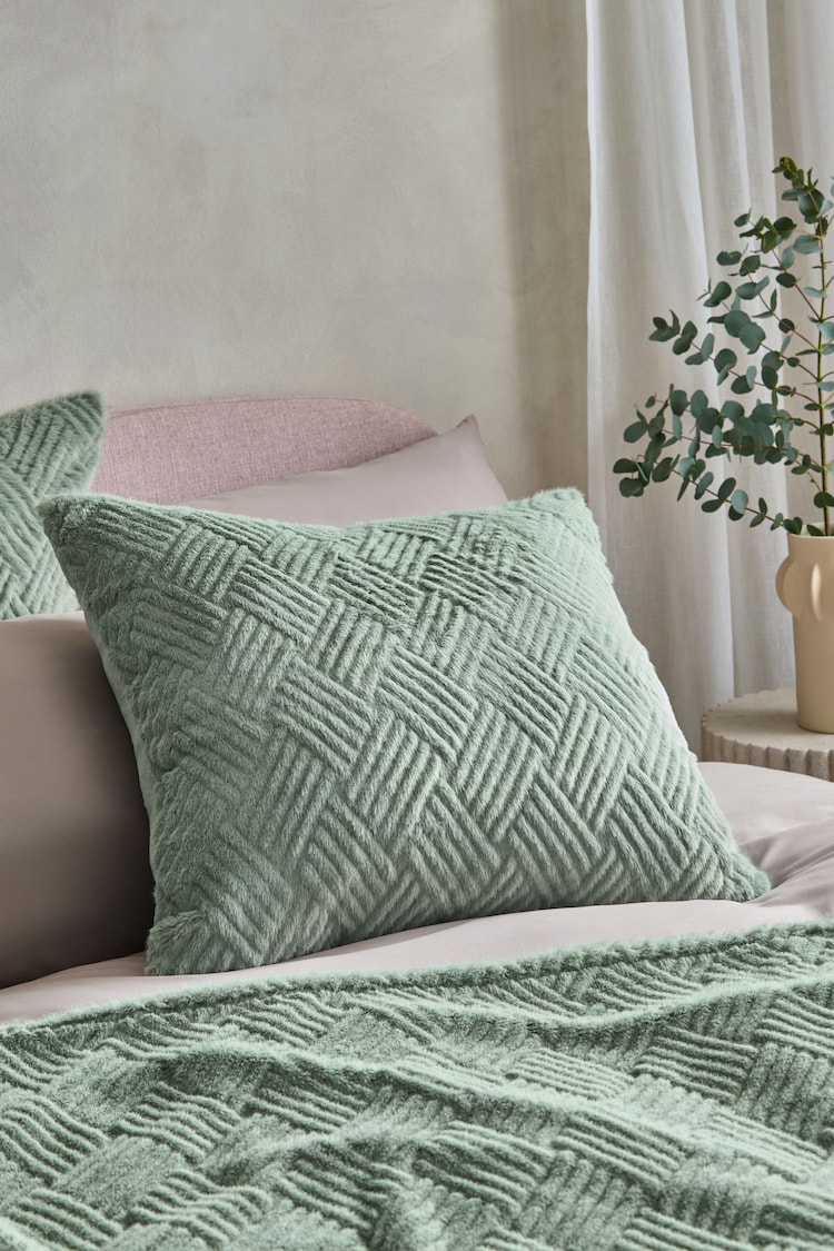 Sage Green 59 x 59cm Basset Embossed Faux Fur Cushion - Image 1 of 1