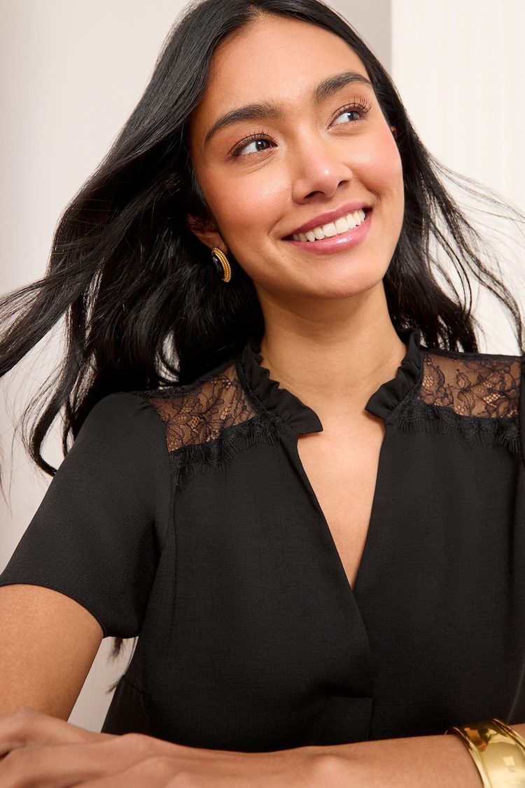Friends Like These Black Short Sleeve Lace Notch Neck Blouse - Image 1 of 1