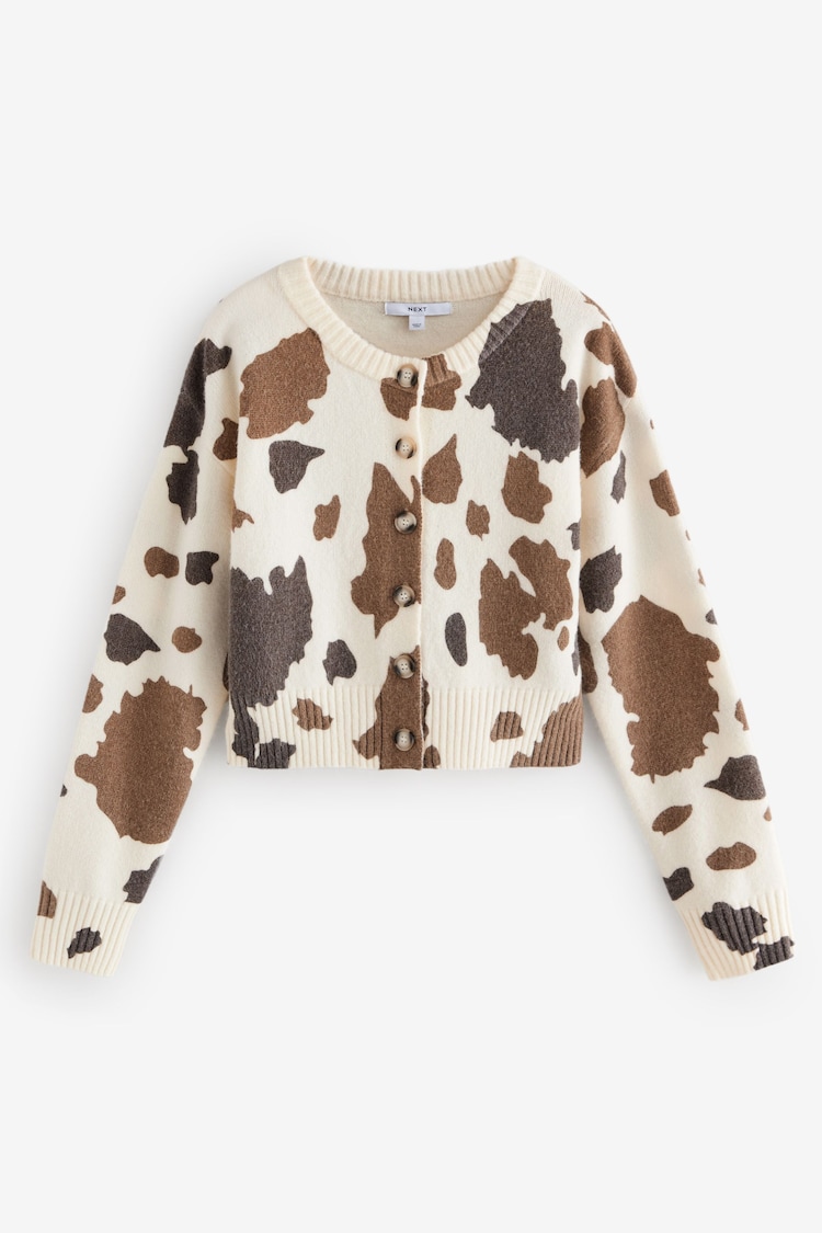 Brown Cow Print Crew Neck Knitted Cardigan - Image 1 of 1