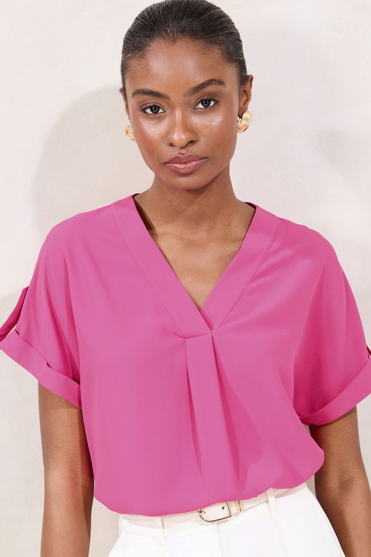 Lipsy Neutral/Blush Utility V-Neck Short Roll Sleeve Top - Image 1 of 1
