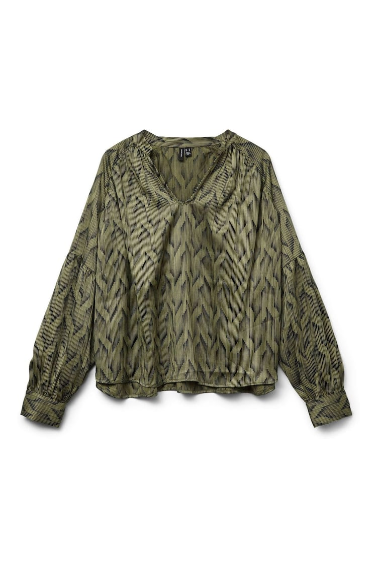 VERO MODA Green Graphic Printed Satin Balloon Sleeve Blouse - Image 1 of 1