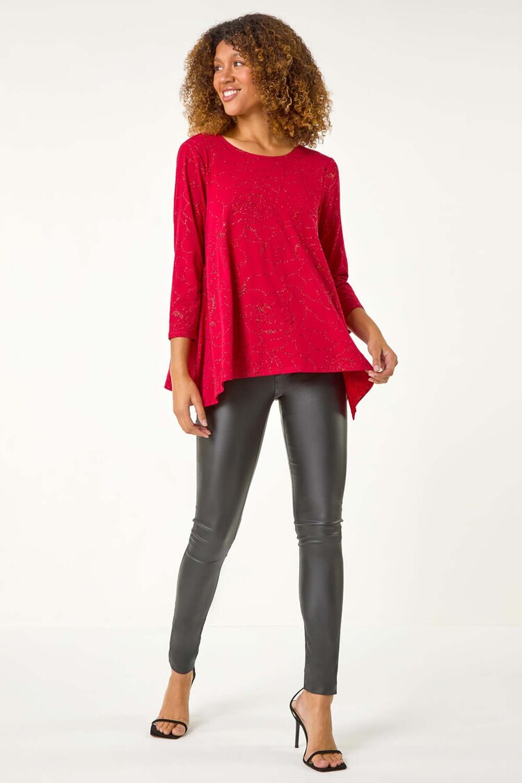 Roman Red Glitter Rose Asymmetric Hem Top - Image 1 of 1