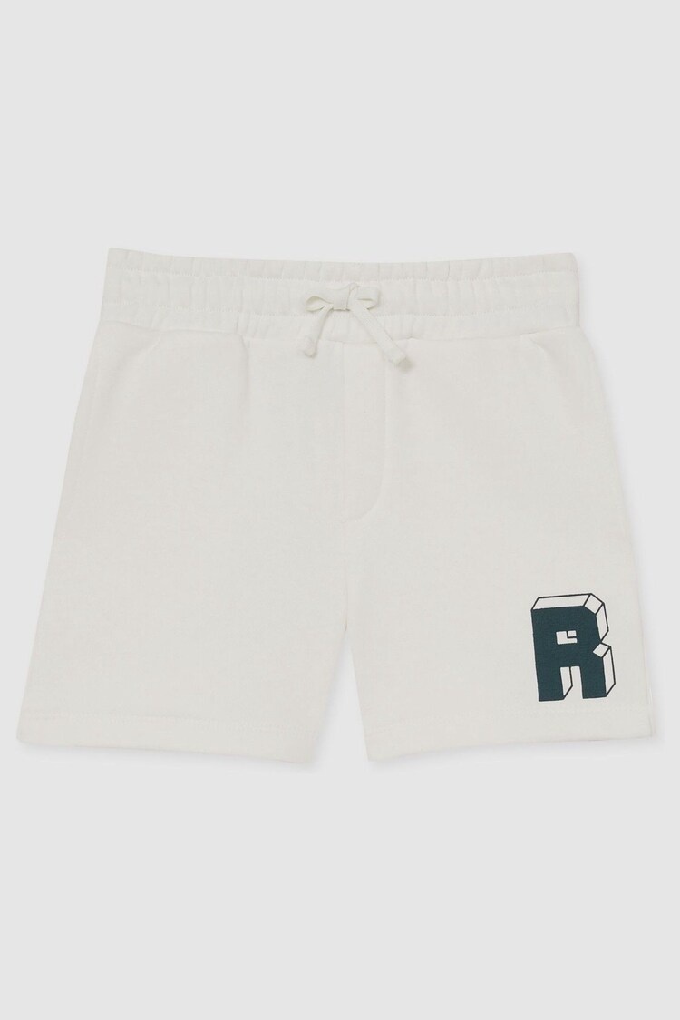 Off White/Forest Green - Reiss Marcus Jersey Drawstring R Print Shorts - Imagen 1 de 1
