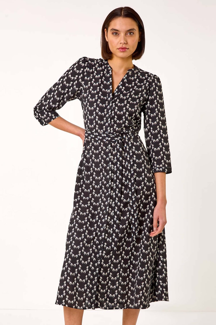 Roman Black Leaf Print Midi Shirt Dress - Image 1 of 1