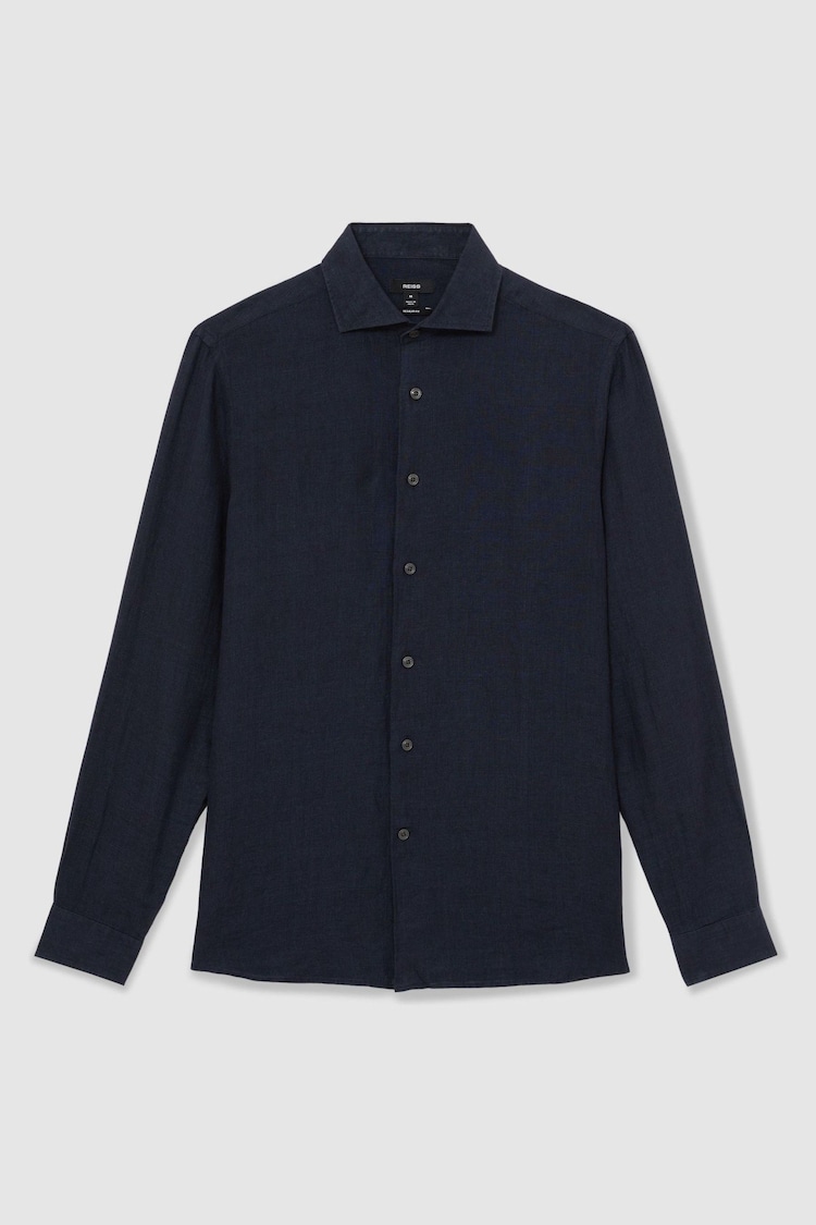 Reiss Navy Ruban Linen Striped Cutaway-Collar Shirt - Image 1 of 1