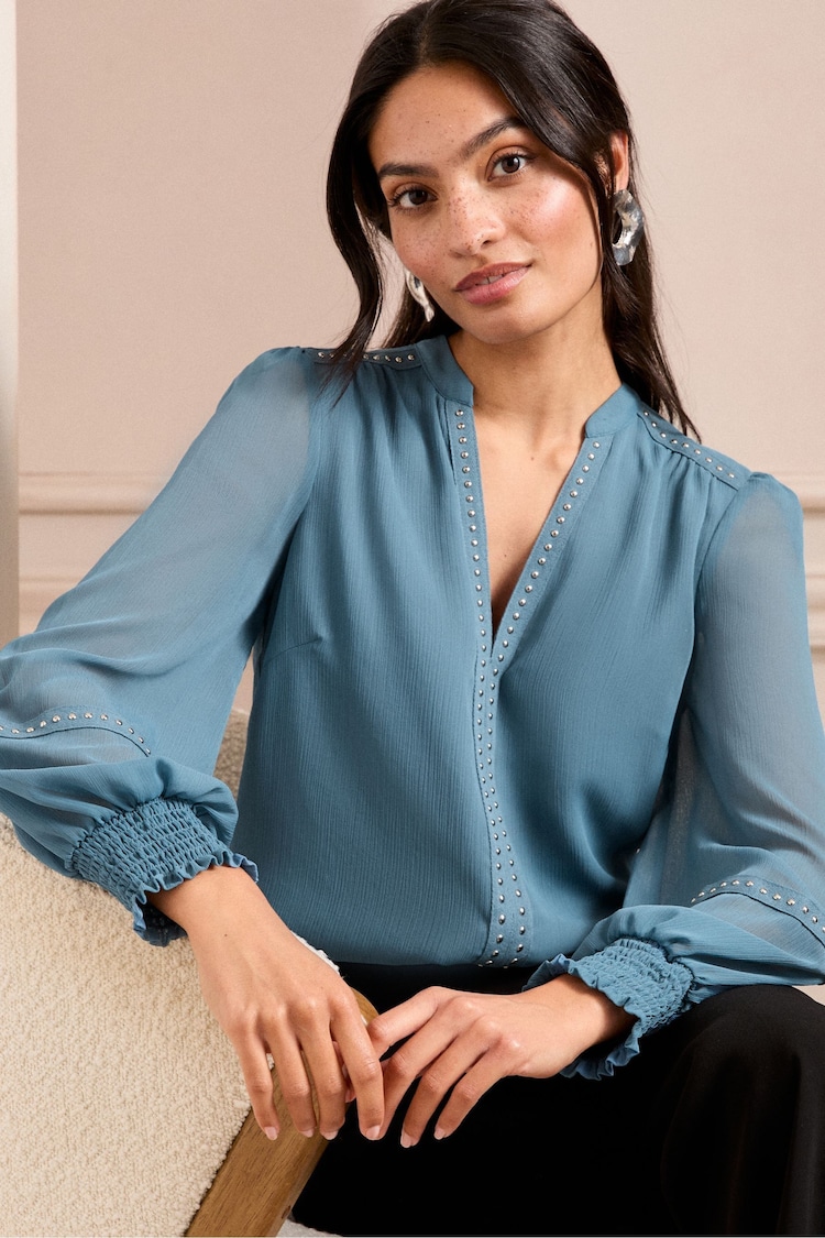 Love & Roses Blue V-Neck Hardware Long Sleeve Blouse - Image 1 of 1