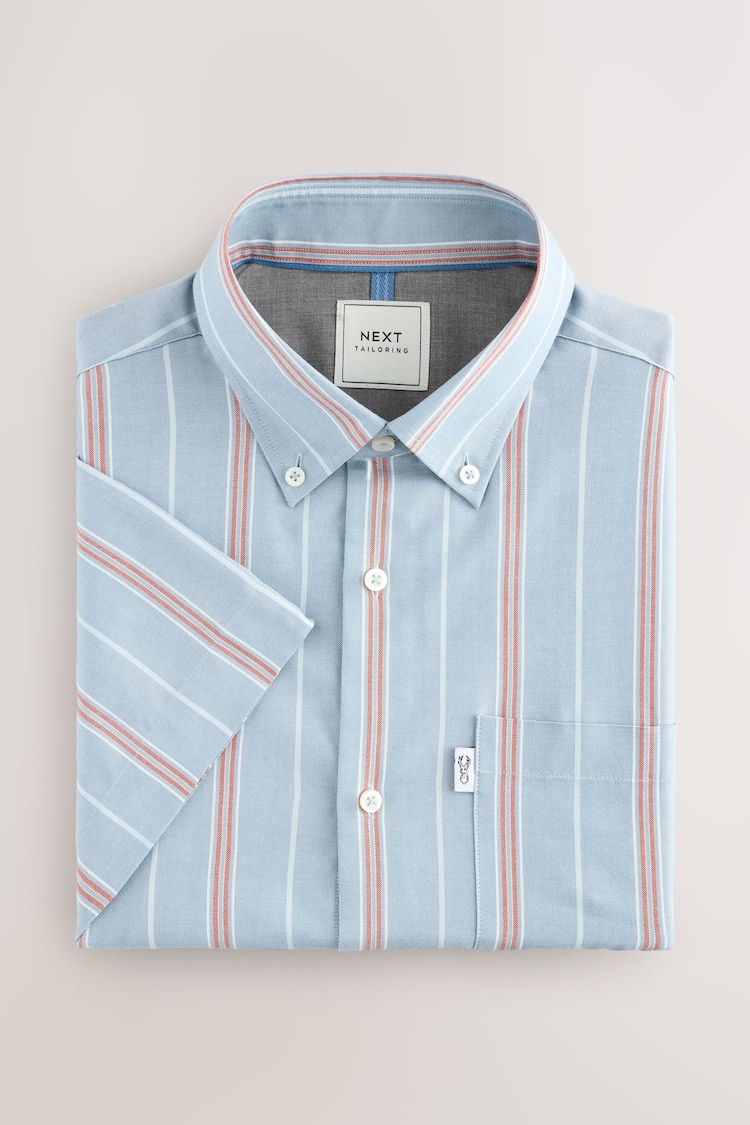 Petrol Blue/Red Short Sleeve With Button Down Collar Stripe Easy Iron Oxford Shirt - Image 1 of 1