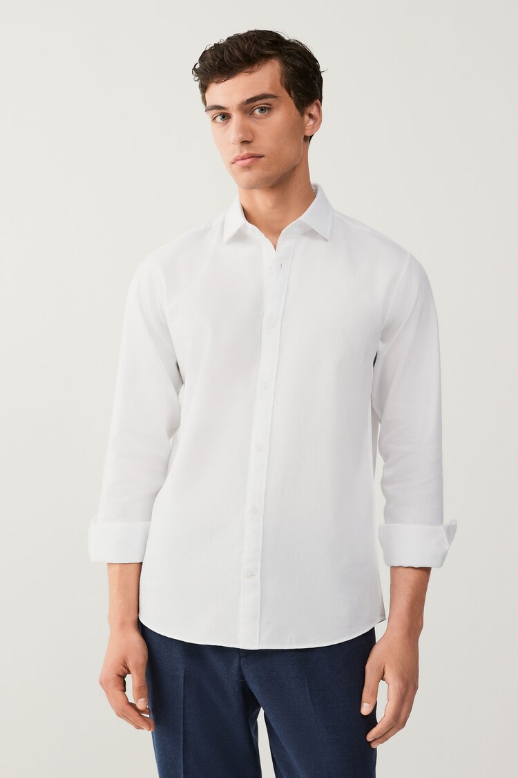 White Regular Fit Washed Dobby Long Sleeve Smart Cutaway Collar 100% Cotton Shirt - Image 1 of 1
