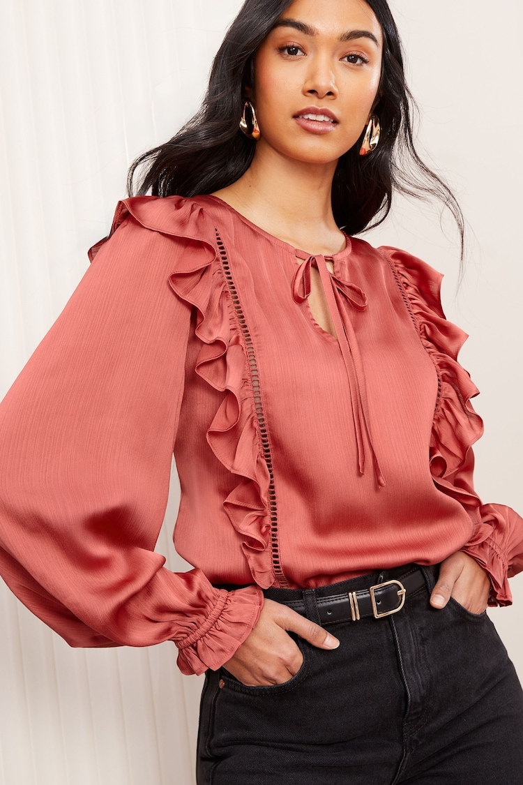 Friends Like These Pink Long Sleeve Ruffle Trim Tie Front Blouse - Image 1 of 1