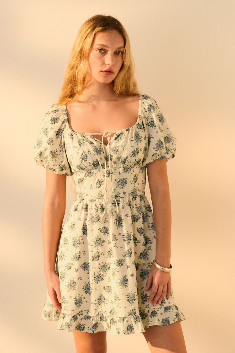 Cream/Ecru Ditsy Floral 100% Cotton Puff Sleeve Milkmaid Mini Dress - Image 1 of 1