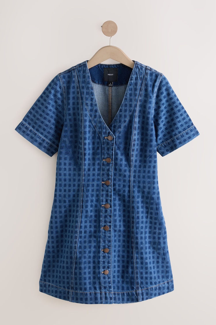 Blue Gingham V-Neck 100% Cotton Denim Dress - Image 1 of 1