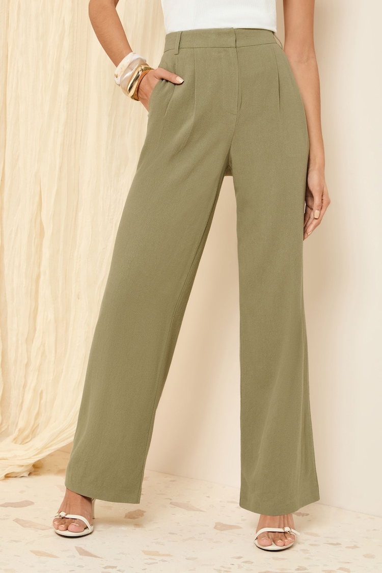Friends Like These Khaki Green Petite Wide Leg Tailored Trousers With Linen - Image 1 of 1