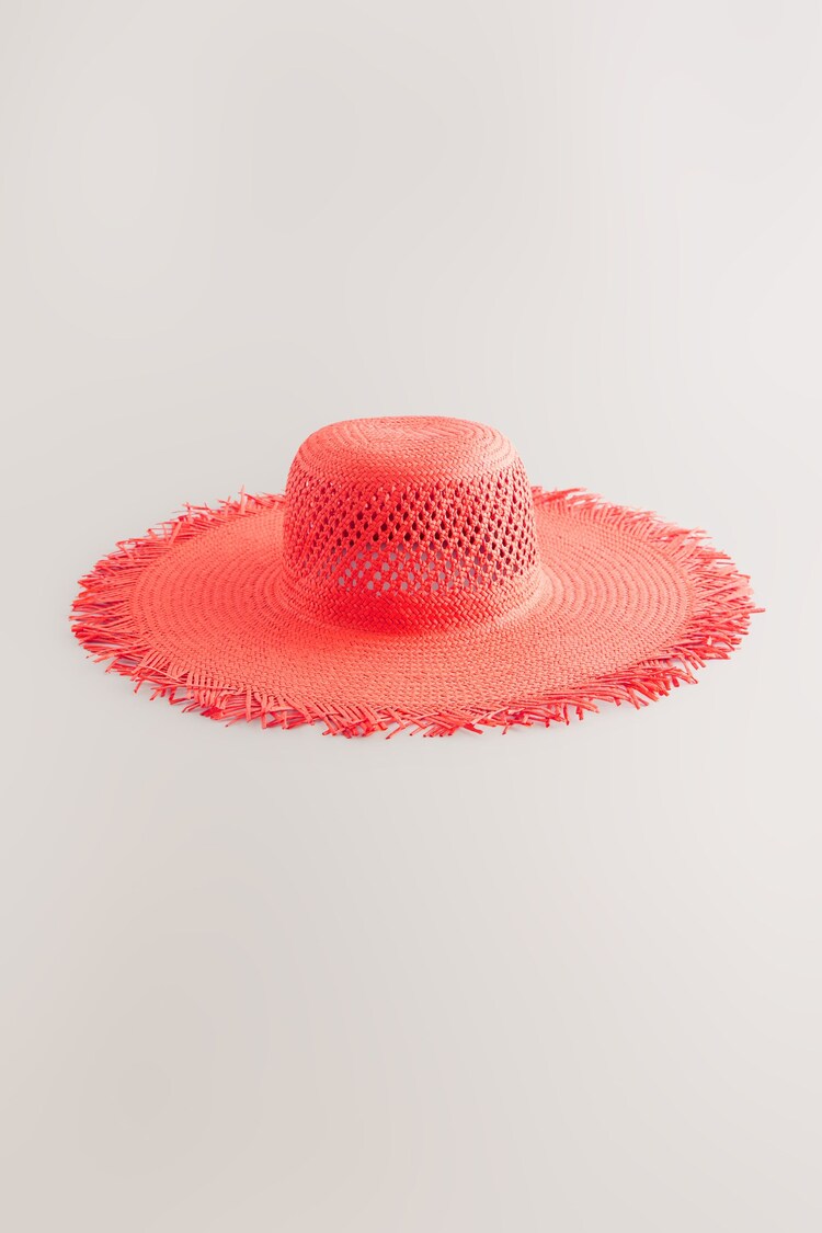 Red Wide Frayed Brim Hat - Image 1 of 1