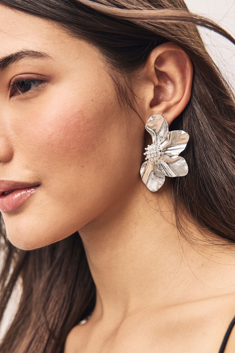 Tonalité argentée - Flower Statement Stud Earrings - Image 1 de 1