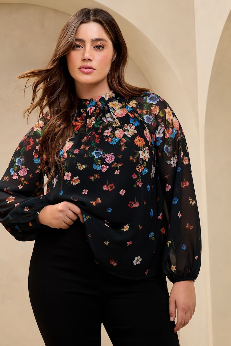 Lipsy Black Curve Print High Neck Blouson Blouse - Image 1 of 1