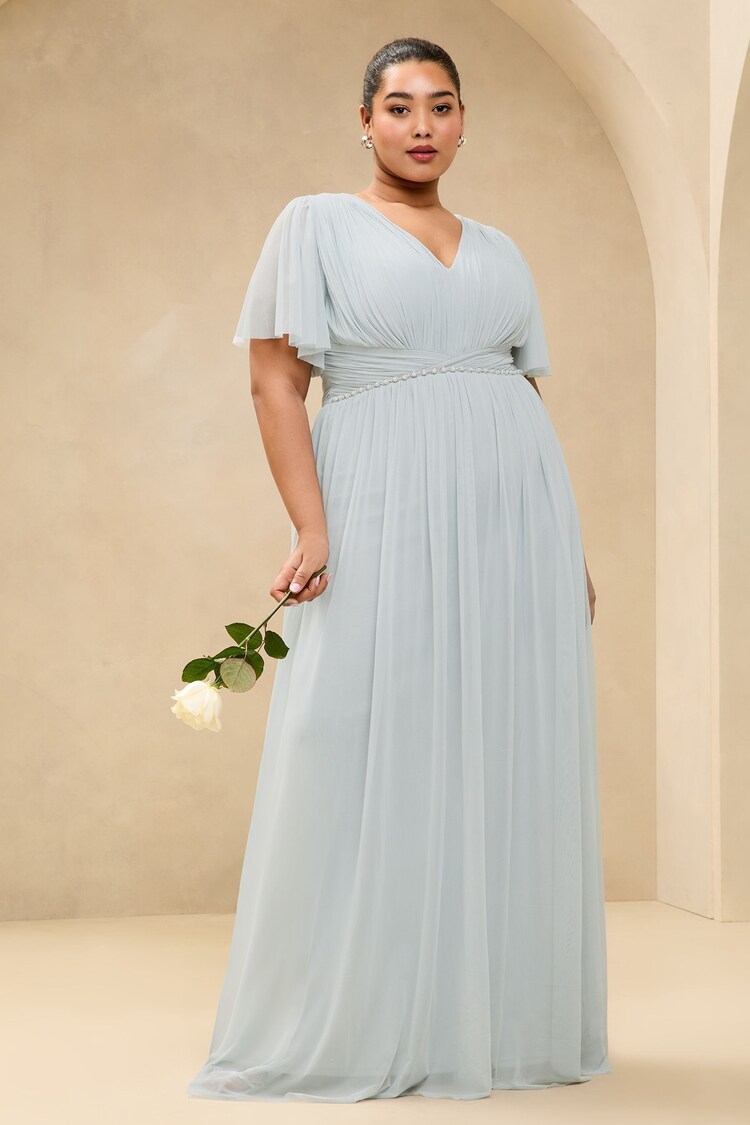 Lipsy Blue Curve Short Sleeve Pearl Trim Mesh Maxi Bridesmaid Dress - Image 1 of 1