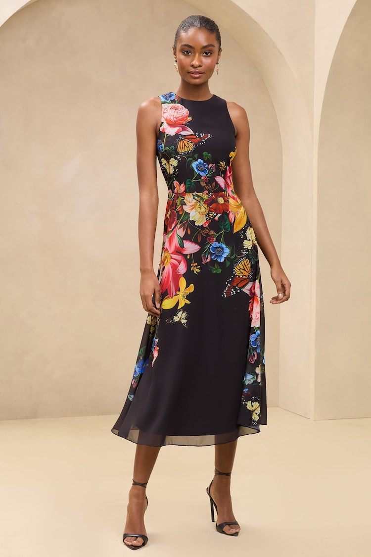 Lipsy Sutien din șifon cu imprimeu Floral Midi Evazat Rochie - Image 1 of 1