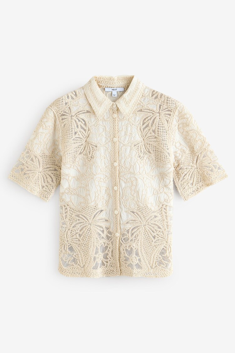 Neutral Crochet Lace Short Sleeve Holiday Shirt - Image 1 of 1