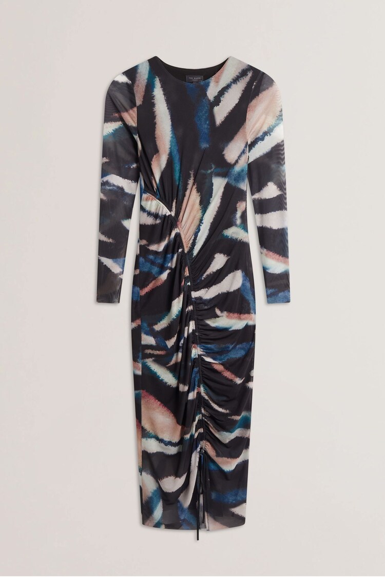 Ted Baker Black Ellylou Printed Mesh Bodycon Gathered Midi Dress - Image 1 of 1